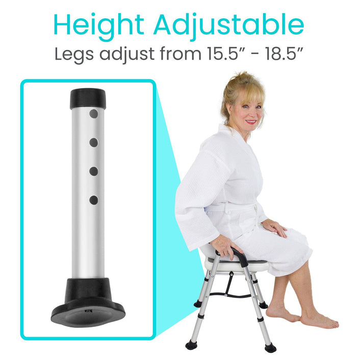 Chair with adjustable legs, ranging from 15.5” to 18.5” for customizable height, providing comfort and versatility