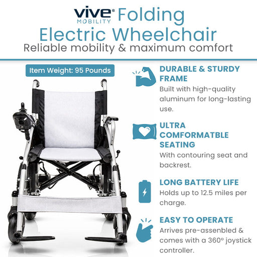 Vive Mobility folding electric wheelchair with features listed on a white background