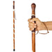 A hand holding a carved wooden walking stick with a rope handle and a non-slip rubber tip.