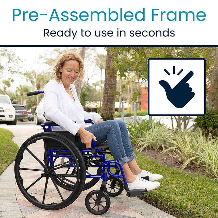Pre-assembled wheelchair frame, ready to use in seconds, offering hassle-free setup for immediate convenience.