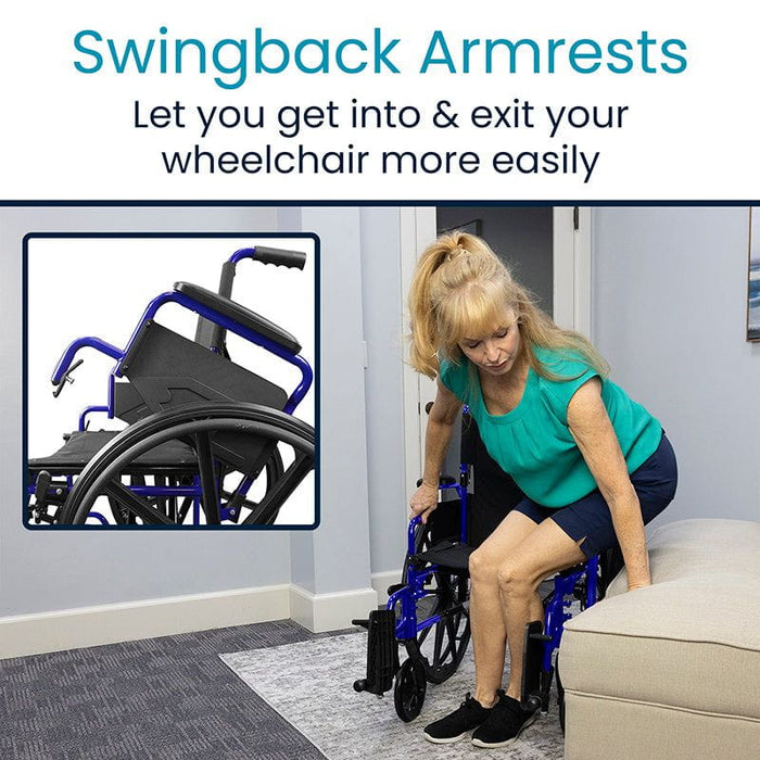Wheelchair with swingback armrests for easy access and comfort, allowing effortless entry and exit for users.