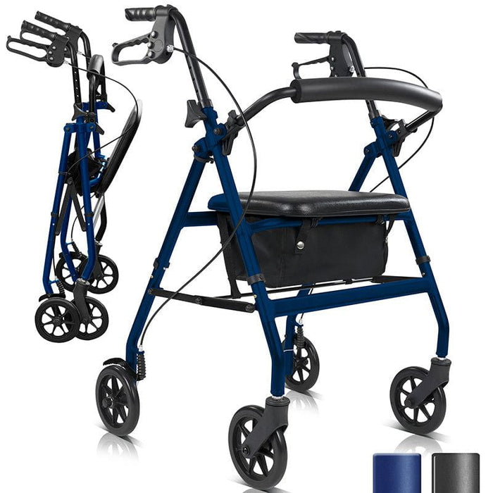 A Lightweight Rollator with a black frame and blue accents, featuring a padded seat and backrest, ergonomic handles & six wheels designed for stability 