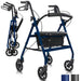 A Lightweight Rollator with a black frame and blue accents, featuring a padded seat and backrest, ergonomic handles & six wheels designed for stability 