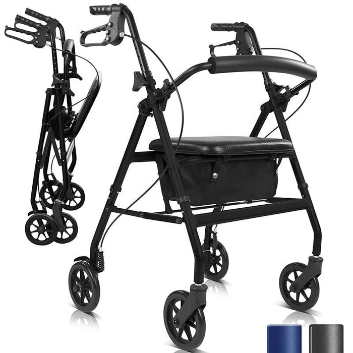 Compact folding walker with a sturdy frame, under-seat storage, and easy-to-use handles, perfect for portability and convenience.