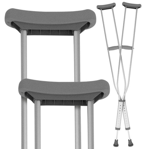A pair of gray Vive Crutches with an aluminum frame and padded support for underarms and hands.