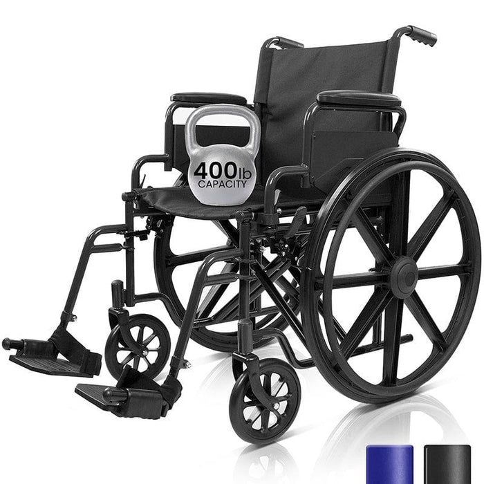 Heavy-duty black wheelchair with a 400 lb weight capacity, featuring large wheels and footrests for comfort and support.
