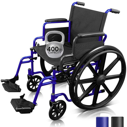 Heavy-duty wheelchair with a 400 lb capacity, blue frame, black seat & footrests, featuring large wheels and brakes for stability. 