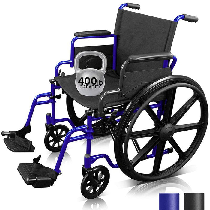Heavy-duty wheelchair with a 400 lb capacity, blue frame, black seat & footrests, featuring large wheels and brakes for stability. 