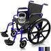 Heavy-duty wheelchair with a 400 lb capacity, blue frame, black seat & footrests, featuring large wheels and brakes for stability. 