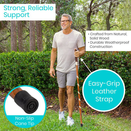 Wooden cane with non-slip tip, easy-grip leather strap, crafted from natural solid wood, and weatherproof construction.