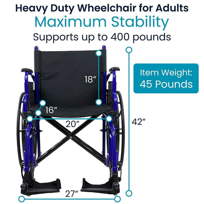 Heavy-duty wheelchair for adults with a 400 lb capacity, 45 lbs weight & dimensions: 18” seat depth, 20” width, 42” height, 27” length.
