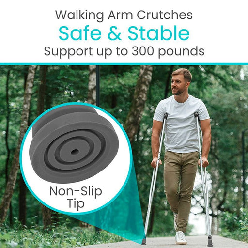 Walking arm crutches with non-slip tip, supporting up to 300 pounds, providing stability and safety.