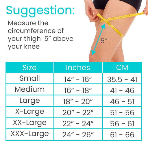Sizing chart for thigh circumference measurement, with size ranges in inches and cm for Small to XXX-Large.