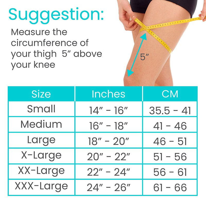 Sizing chart for thigh circumference measurement, with size ranges in inches and cm for Small to XXX-Large.