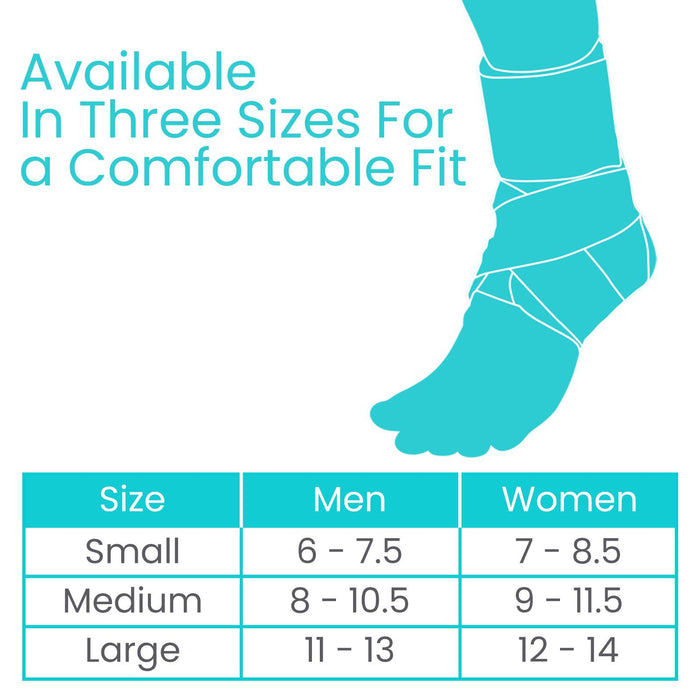 Size chart for knee brace: Small (Men 6-7.5, Women 7-8.5), Medium (Men 8-10.5, Women 9-11.5), Large (Men 11-13, Women 12-14).