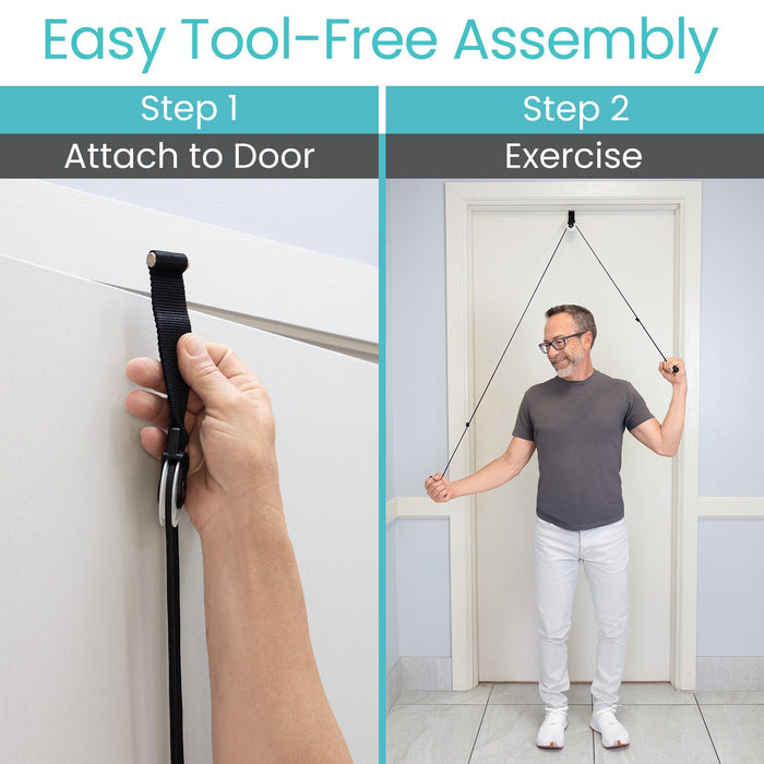 Step-by-step guide showing the easy, tool-free assembly of an over-the-door shoulder pulley for exercise.