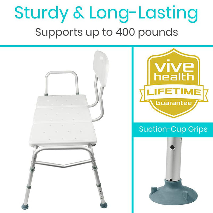 Sturdy transfer bench supports up to 400 lbs, with suction-cup grips for stability and a lifetime guarantee for lasting use.