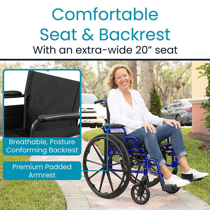 Comfortable wheelchair with a 20” extra-wide seat, breathable backrest, and premium padded armrests for improved comfort and posture.