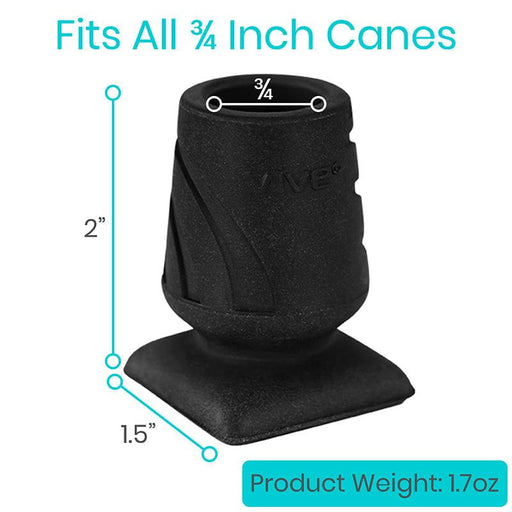 Vive Health cane tip with dimensions 2 inches in height, 1.5 inches in width, fitting ¾ inch canes, weighing 1.7 oz.