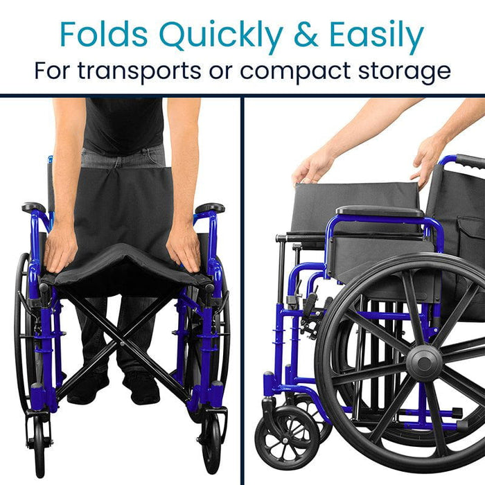 Wheelchair folds quickly and easily for transport or compact storage, making it convenient for travel and space-saving.