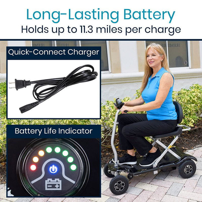 Long-lasting battery with up to 11.3 miles per charge, quick-connect charger & battery life indicator for easy monitoring.