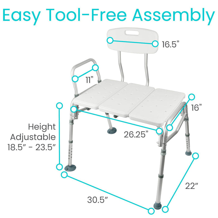 Height-adjustable transfer bench (18.5”-23.5”) with easy, tool-free assembly, designed for convenience and comfort in use.