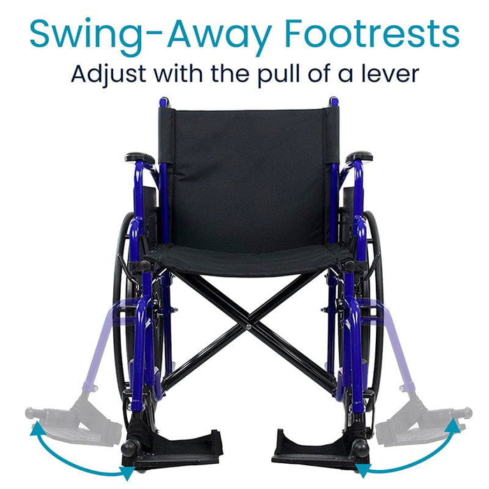 Wheelchair with swing-away footrests, easily adjustable with the pull of a lever, providing convenient foot support.