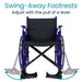 Wheelchair with swing-away footrests, easily adjustable with the pull of a lever, providing convenient foot support.