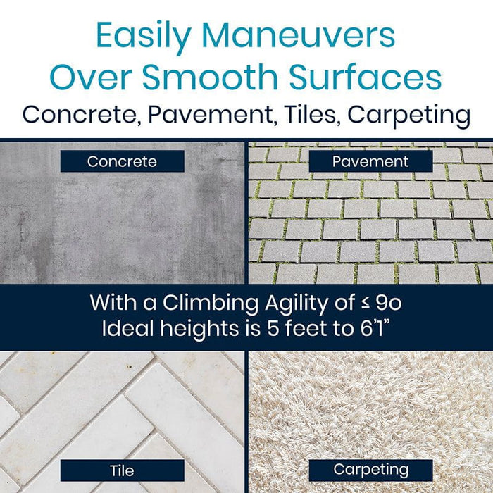 Easily maneuvers over smooth surfaces like concrete, pavement, tiles, and carpeting with a climbing agility of ≤ 90°