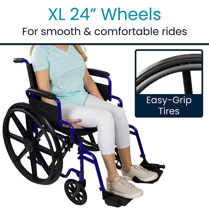 Wheelchair with XL 24” wheels and easy-grip tires, designed for smooth and stable rides, ensuring comfort and durability.