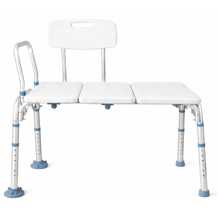 White adjustable bath bench with backrest on a white background