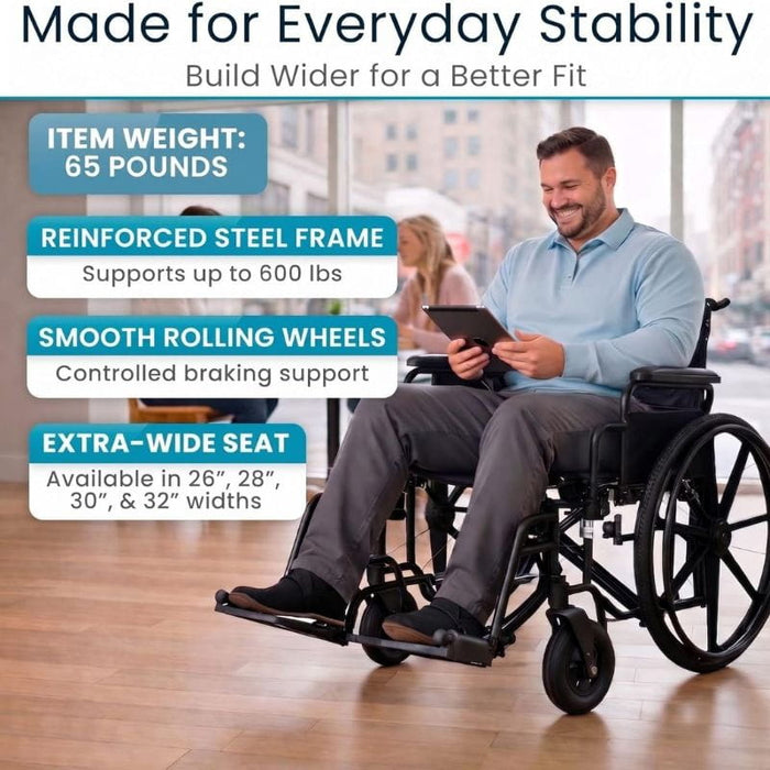 Man using a wheelchair with product features highlighted on a city street background