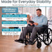 Man using a wheelchair with product features highlighted on a city street background