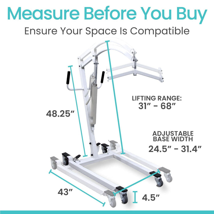 Patient lift dimensions: lifting range 31"-68", adjustable base width 24.5"-31.4", and 43" length with 4.5" casters.