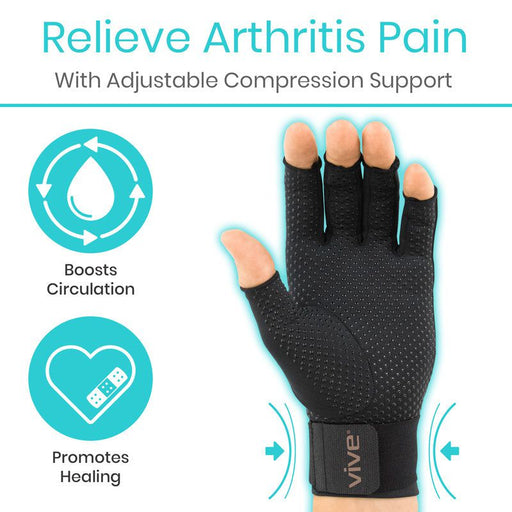 Compression arthritis glove with adjustable support, boosting circulation and promoting healing.