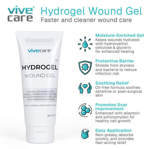 HydroGel Wound Gel by ViveCare. Features listed including moisture-enriched, protective barrier, soothing relief, scar improvement, and easy application