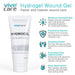 HydroGel Wound Gel by ViveCare. Features listed including moisture-enriched, protective barrier, soothing relief, scar improvement, and easy application