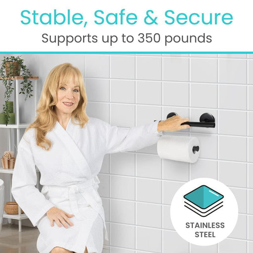 Vive grab bar toilet paper holder, stainless steel, supports up to 350 lbs, shown in use by a person in a robe.