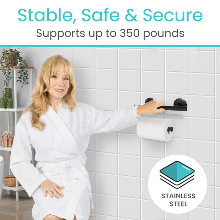 Vive grab bar toilet paper holder, stainless steel, supports up to 350 lbs, shown in use by a person in a robe.