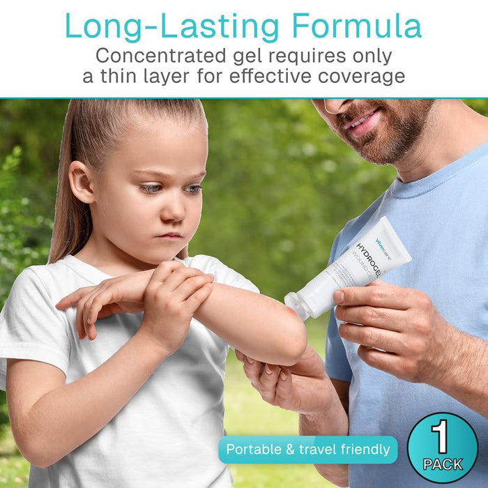 Long-lasting formula - concentrated gel requires only a think layer for effective coverage. Image of parent applying wound gel to child's arm