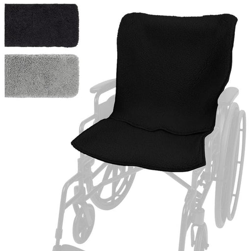 Black wheelchair cover draped over a wheelchair with additional gray pads on a white background