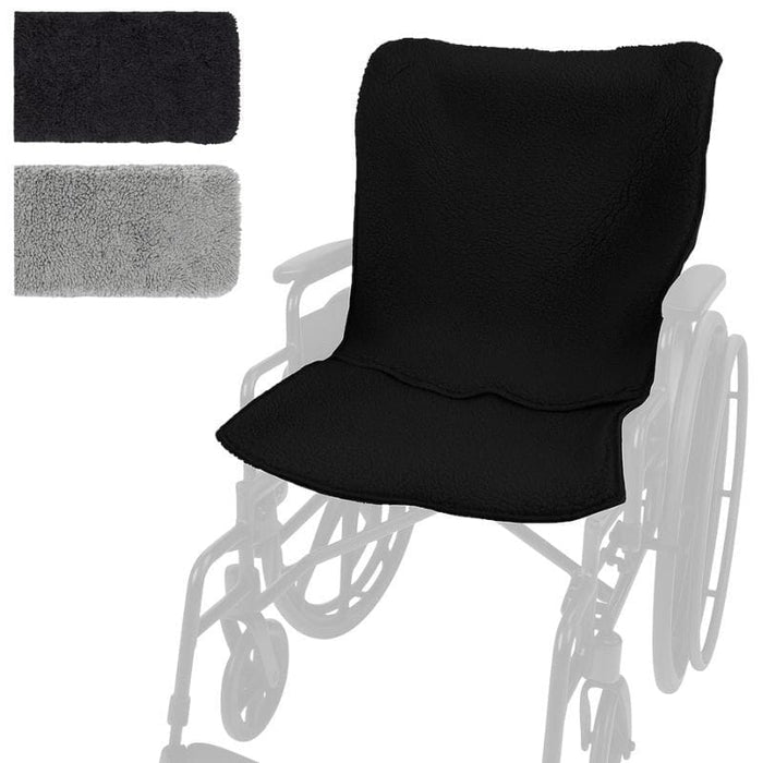 Black wheelchair cover draped over a wheelchair with additional gray pads on a white background