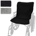 Black wheelchair cover draped over a wheelchair with additional gray pads on a white background