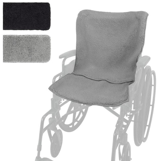 Gray wheelchair cover draped over a wheelchair with additional gray pads on a white background