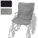 Gray wheelchair cover draped over a wheelchair with additional gray pads on a white background