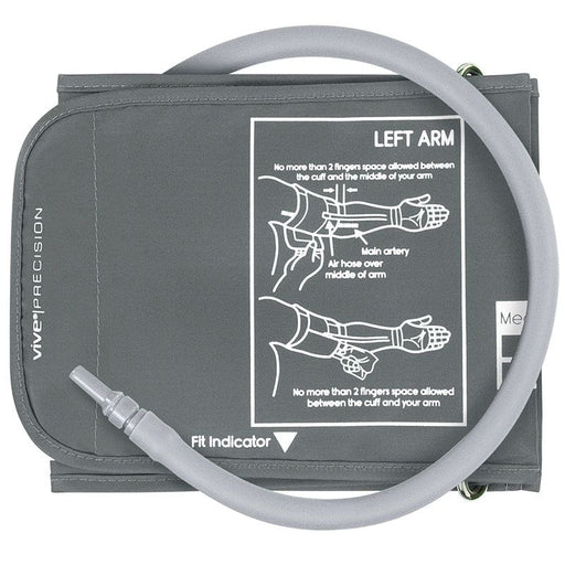 A Vive Precision blood pressure monitor replacement cuff in gray color with a diagram illustrating the correct placement on the left arm.