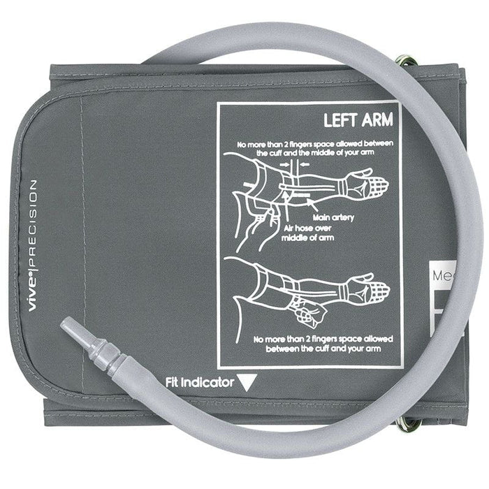 A Vive Precision blood pressure monitor replacement cuff in gray color with a diagram illustrating the correct placement on the left arm.