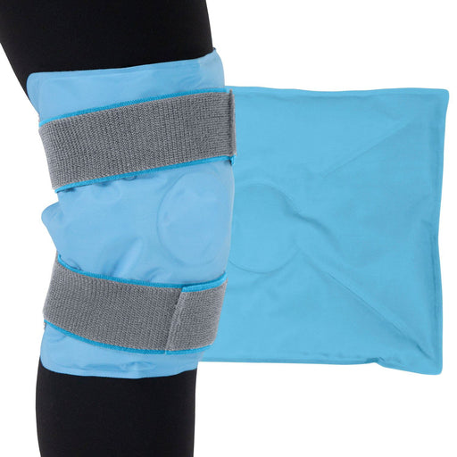 A blue knee ice pack with dual straps wrapped around a knee, with an additional ice pack shown beside it.