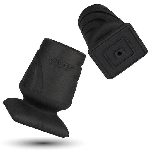 Two black rubber cane tips with a square base and the brand name 'VIVE' visible on one of the tips.