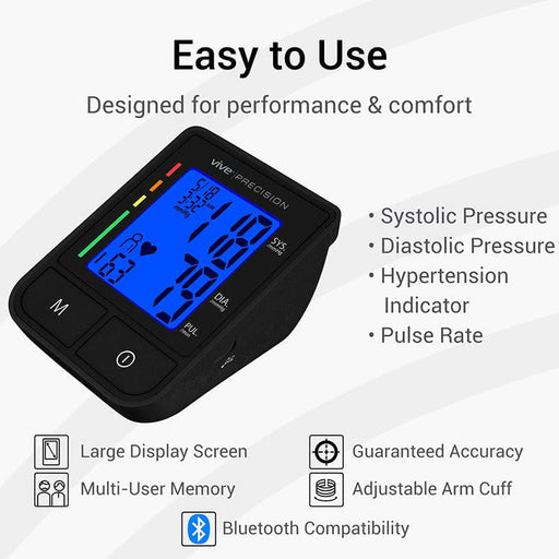Blood pressure monitor with large display, Bluetooth, multi-user memory, and accuracy guarantee.
